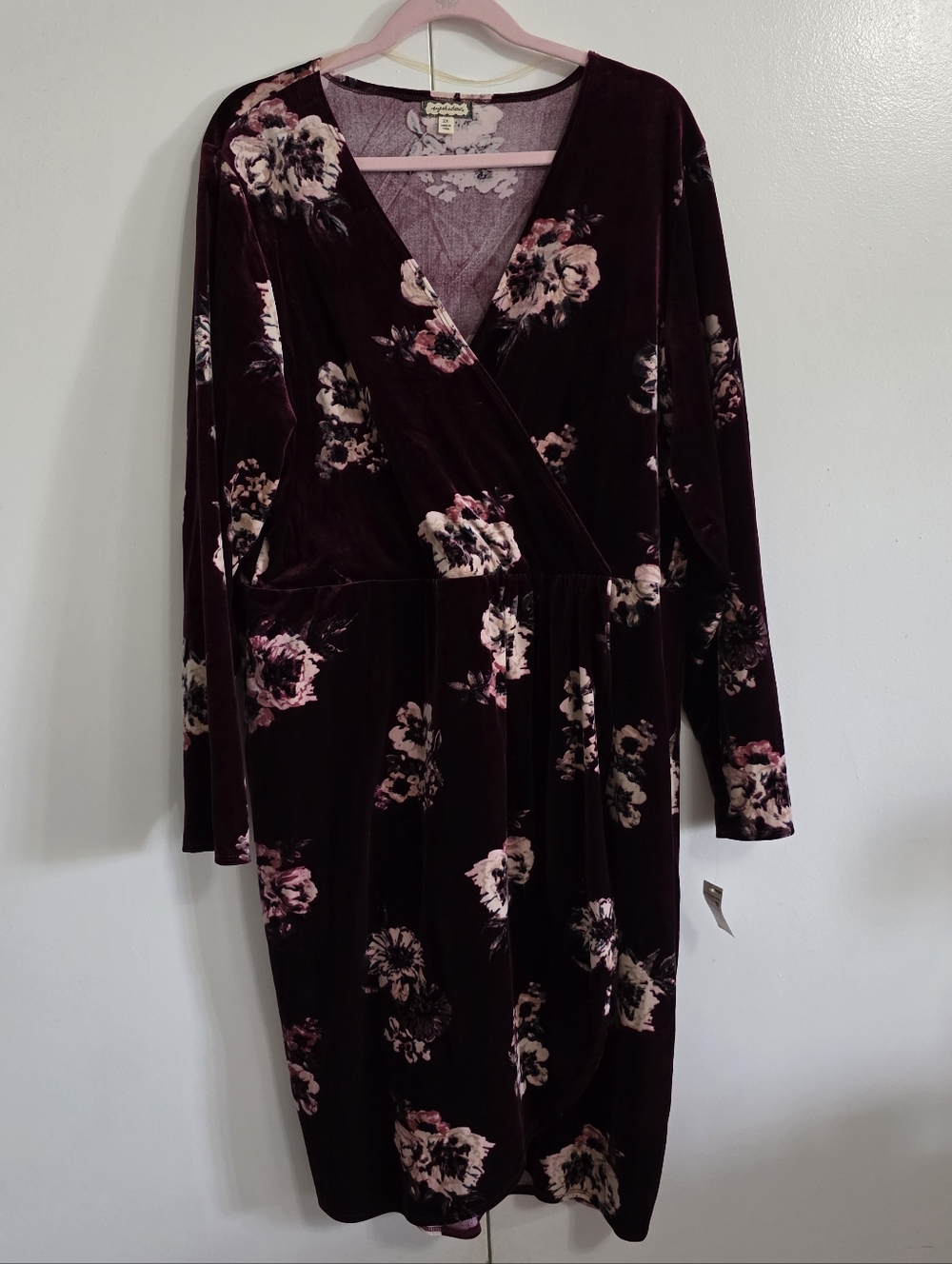 Eyeshadow Burgundy Velvet Floral Knit Faux Wrap Dress